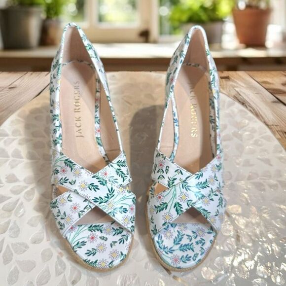 JACK ROGERS  Leather Palmer Woven Jute Espadrille Wedge Sandal White - Picture 13 of 16